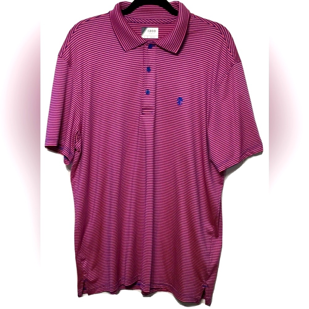 IZOD GOLF Men’s Striped SS Polo Shirt XL Pink Blue Career Golf Preppy Stretch